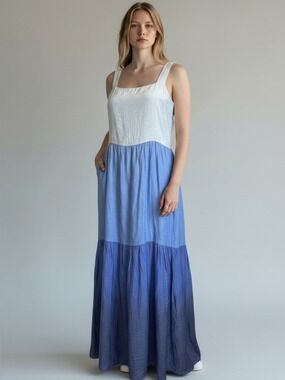 Kori Sleeveless White and Blue Color-block Tiered Maxi Dress